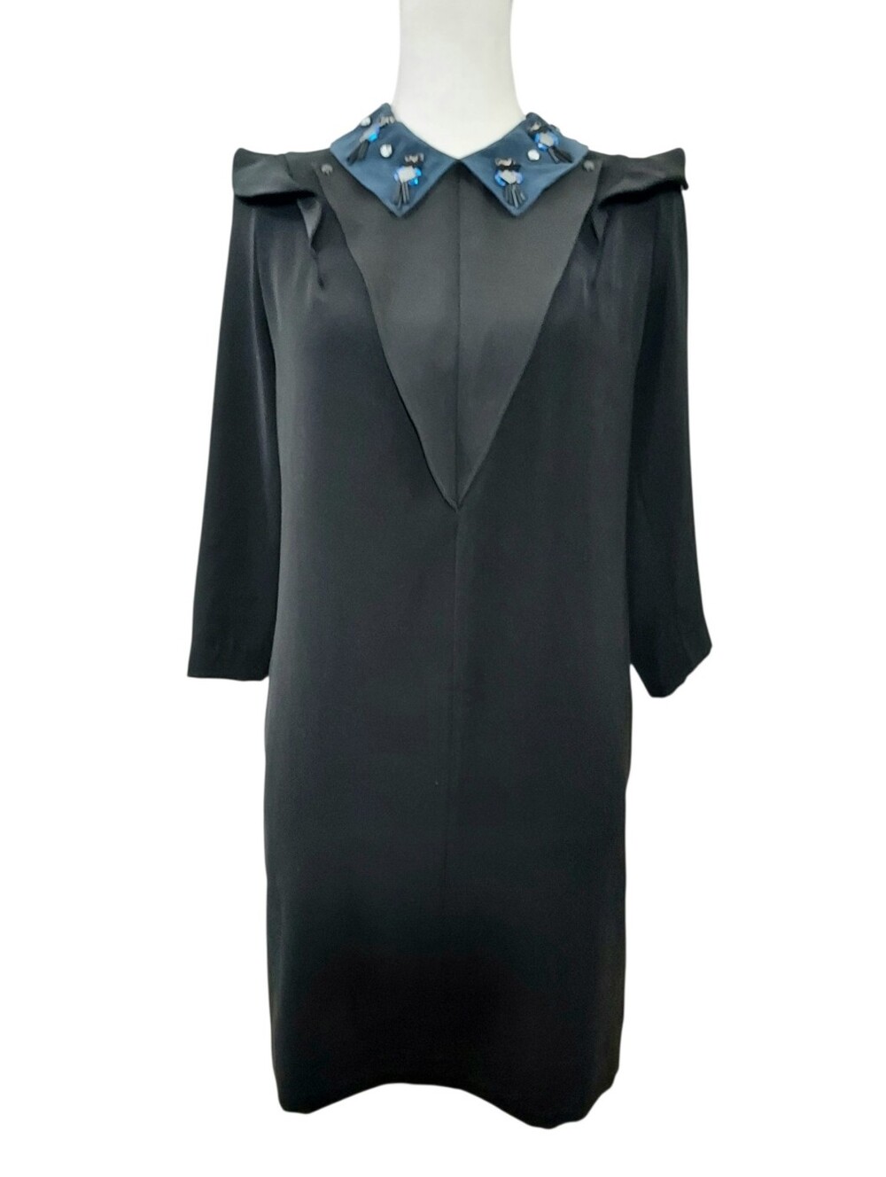 Sandro Black Crepe Dress With Silk Embellished Collar US6